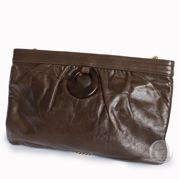 Morris Moskowitz Clutch Shoulder Bag Brown Leather Mod Resin Ring Chain Strap - Picture 5 of 11